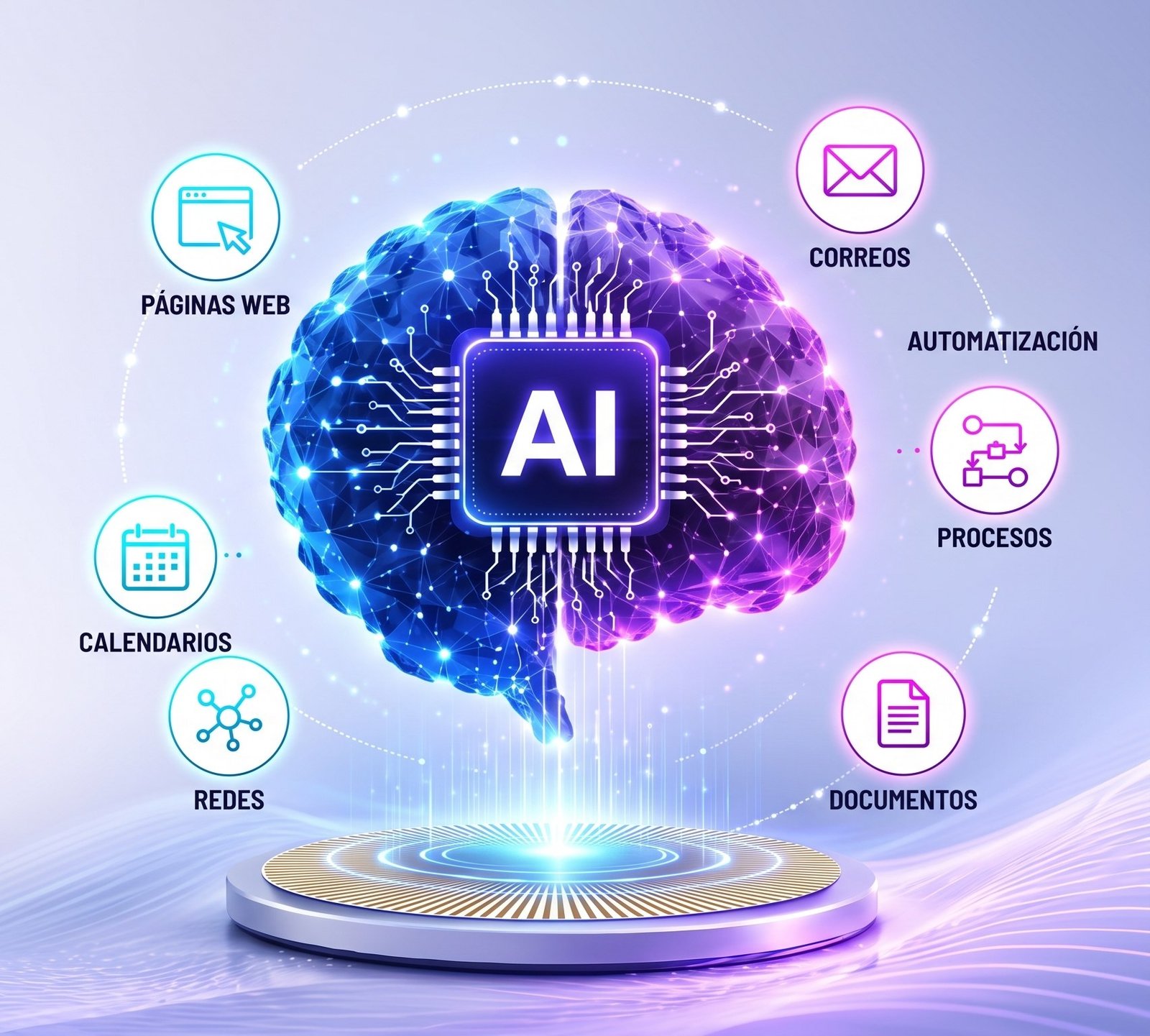 Cerebro de inteligencia artificial conectado a correos, procesos, documentos, redes, calendarios y páginas web para automatizar tu empresa